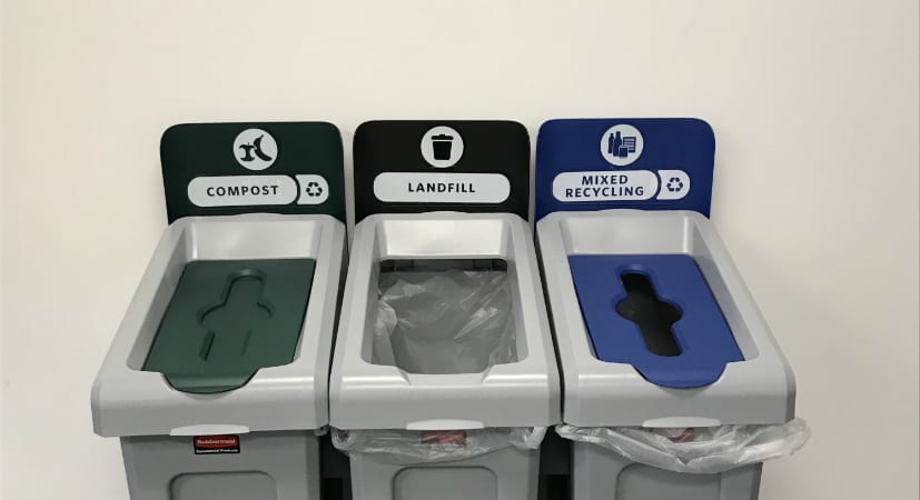 These bins pictured at Tarkett World Headquarters show how to use the keys to workplace recycling success. 2019.